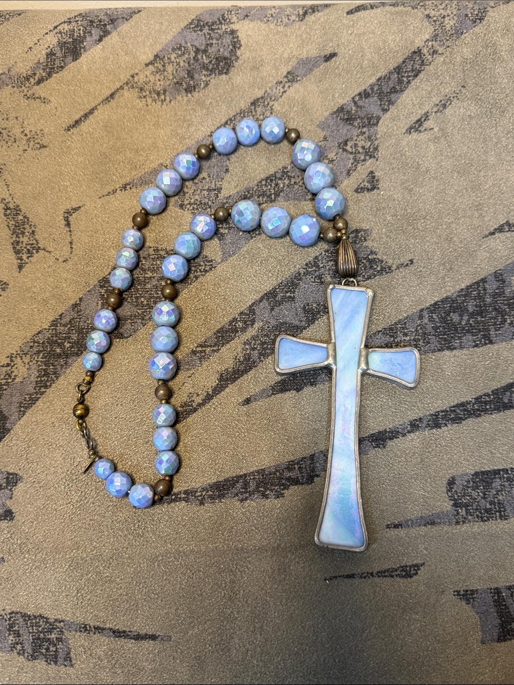 Vintage MJ Devotional Necklace, Light Blue Faced Beads And Cross
